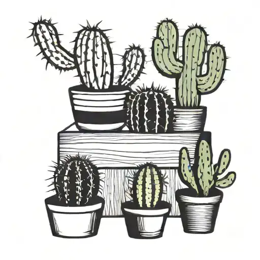 Few cactuses on a shelf. This should be a line art with thick lines and black fill when necessary. image is on plain whi tattoo design idea