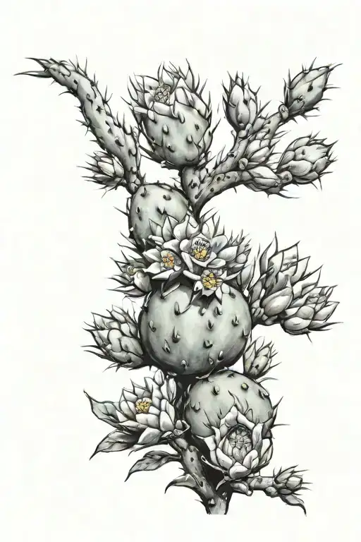prickly pear cactus with orange flowers and purple fruits tattoo design idea