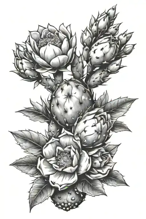 prickly pear cactus growing with flowers and fruits tattoo design idea