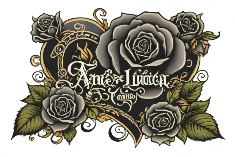 in writing Ana Lucia is the name of my heart with hearts and roses tattoo design idea
