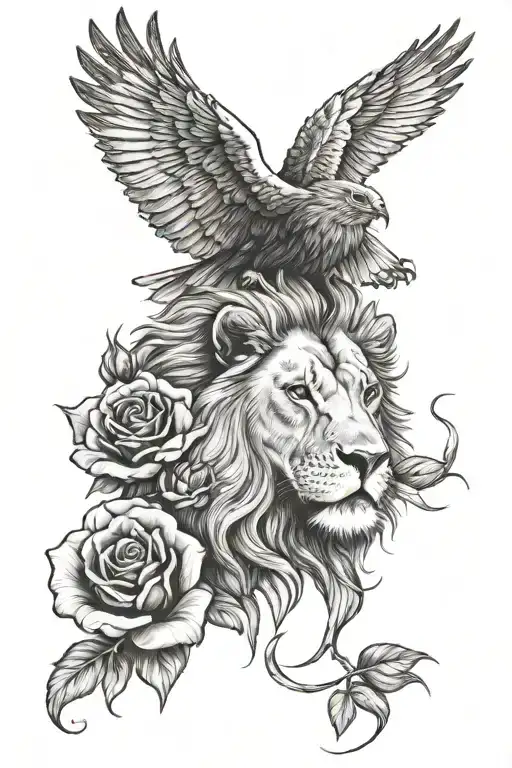 a lion looking intobthe distance, a dove a rose and a tulip  tattoo design idea