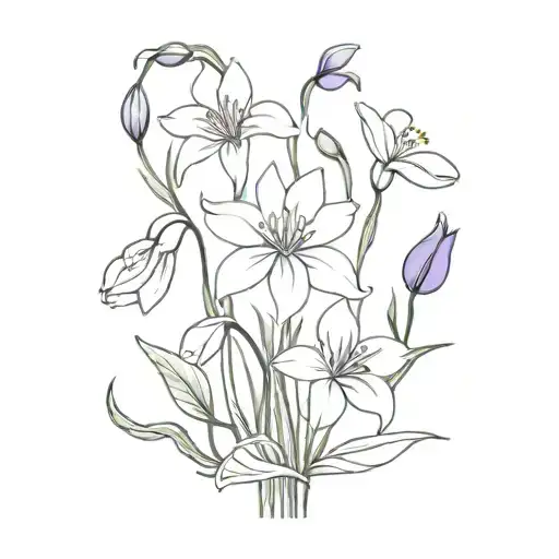 snowdrop flower, violet flower, sweet pea flower, rose flower, and poppy flower bouquet  tattoo design idea