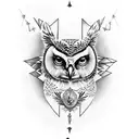 An artistic blend of a kangaroo, owl, and Greek goddess Athena for a cohesive half-sleeve tattoo. tattoo design idea