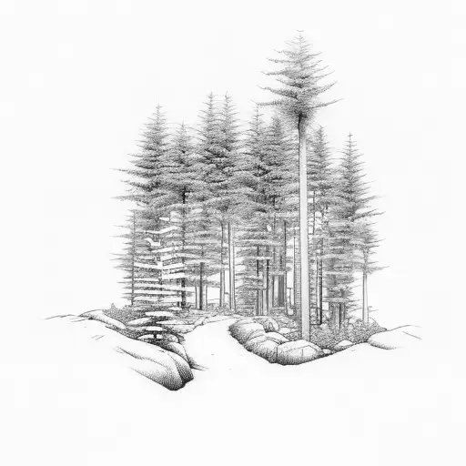 A detailed pine tree forest with a winding hiking trail leading through it tattoo design idea