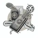 A tattoo of a passport stamp with musical symbols and sports equipment, symbolizing the client's diverse interests and hobbies tattoo design idea