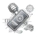 A tattoo of a passport stamp with musical symbols and sports equipment, symbolizing the client's diverse interests and hobbies tattoo design idea