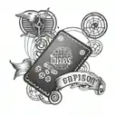 A tattoo of a passport stamp with musical symbols and sports equipment, symbolizing the client's diverse interests and hobbies tattoo design idea