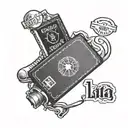 A tattoo of a passport stamp with musical symbols and sports equipment, symbolizing the client's diverse interests and hobbies tattoo design idea