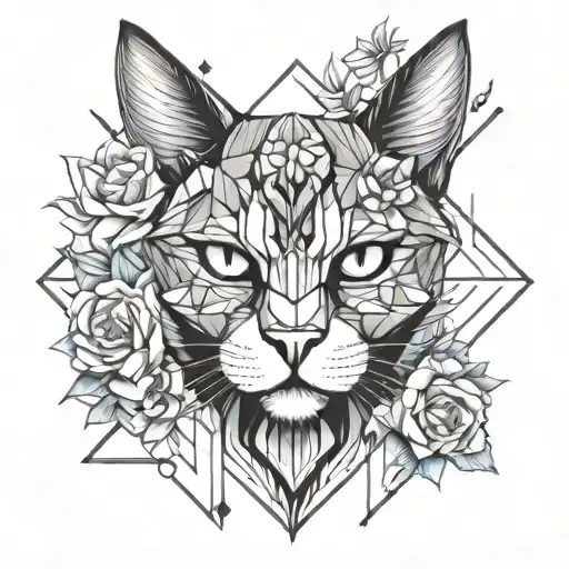 angry cat face and flowers blooming tattoo design idea