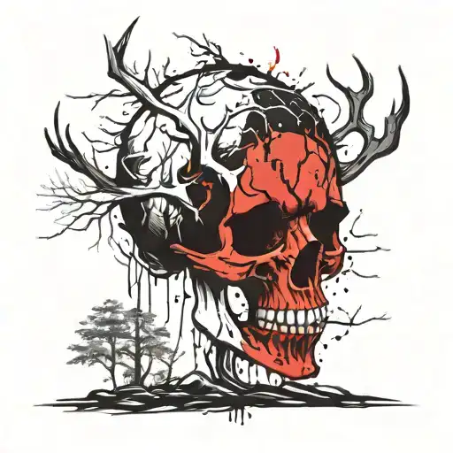 wendigo skull forest trees background looking forward tattoo design idea