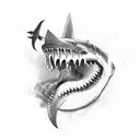 A trident piercing through a shark's jaw tattoo design idea