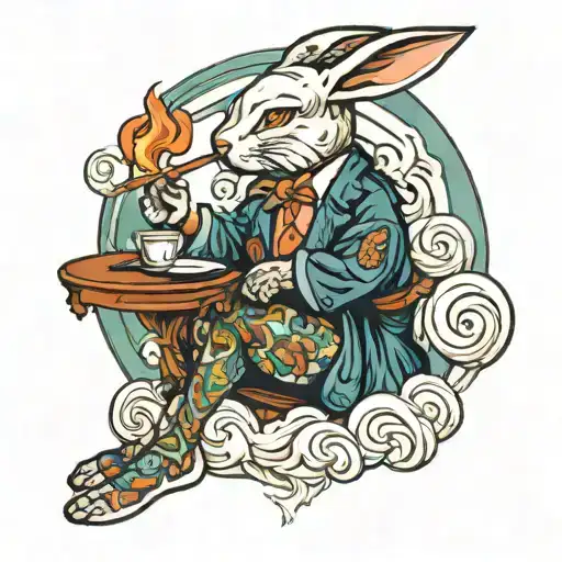 playboy bunny smoking with  Japanese wave line tattoo design idea