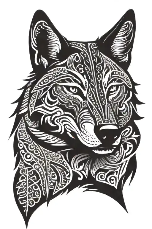 Create a bold and intricate Maori-style tattoo design featuring the head of a wolf with traditional tribal patterns. The tattoo design idea