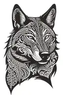 Create a bold and intricate Maori-style tattoo design featuring the head of a wolf with traditional tribal patterns. The tattoo design idea