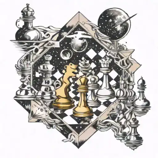 chessboard as a galaxy, cosmic chess, infinite game, existential dread, choice, destiny, isolation, surrealism, hyperrea tattoo design idea