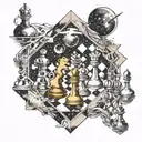 chessboard as a galaxy, cosmic chess, infinite game, existential dread, choice, destiny, isolation, surrealism, hyperrea tattoo design idea