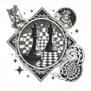 chessboard as a galaxy, cosmic chess, infinite game, existential dread, choice, destiny, isolation, surrealism, hyperrea tattoo design idea
