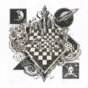 chessboard as a galaxy, cosmic chess, infinite game, existential dread, choice, destiny, isolation, surrealism, hyperrea tattoo design idea
