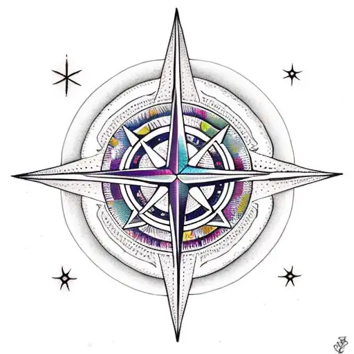 moon crescent with compass rose, treble clef and sea anchor tattoo design idea