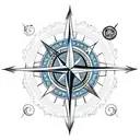 moon crescent with compass rose, treble clef and sea anchor tattoo design idea