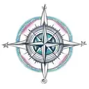 moon crescent with compass rose, treble clef and sea anchor tattoo design idea