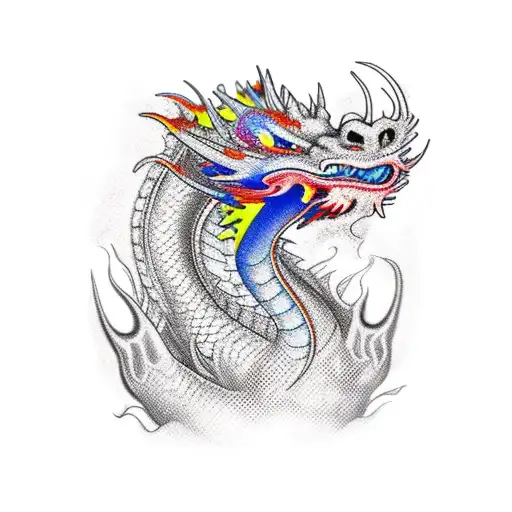 colored flaming dragon with open mouth  tattoo design idea