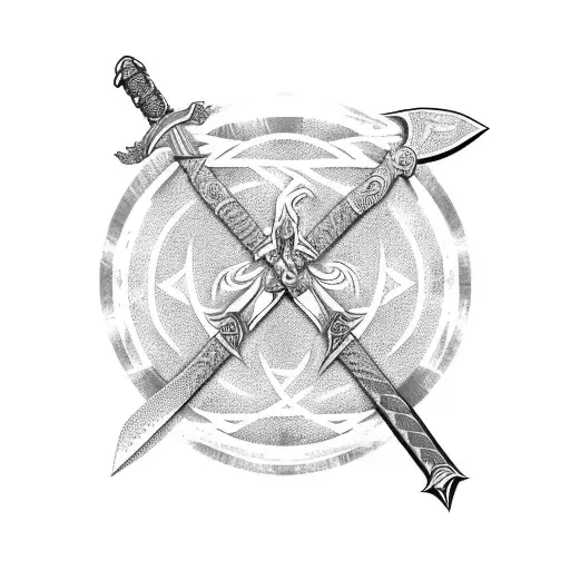 Omega sign Ragnarok style with a katana an axe, a sword and a kunai with the mortal Kombat dragon tattoo design idea