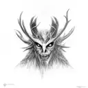 A creepy wendigo lurking in a dark winter forest tattoo design idea