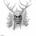 A creepy wendigo lurking in a dark winter forest tattoo design idea