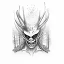 A creepy wendigo lurking in a dark winter forest tattoo design idea