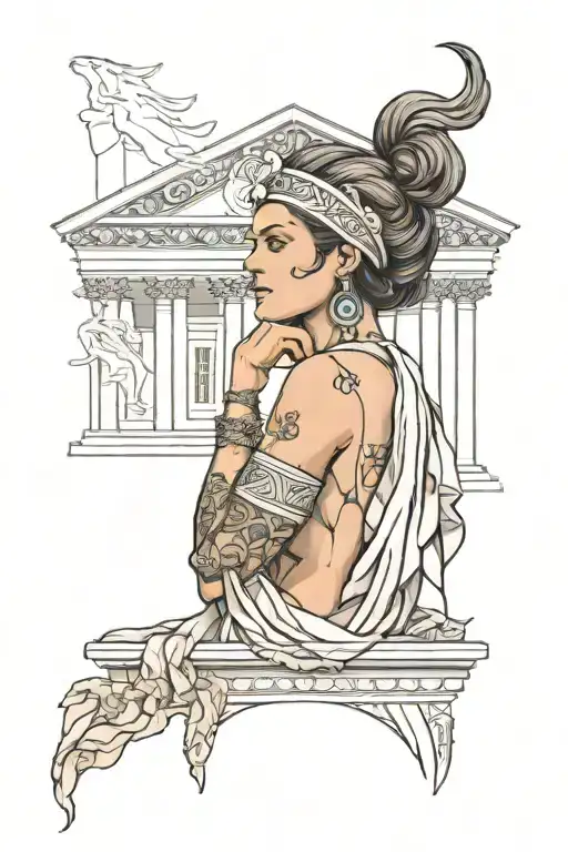 Woman ancient building Greek tattoo design idea