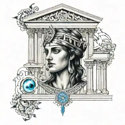 Women blue eyes ancient building Greek tattoo design idea