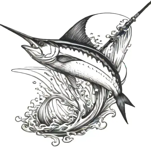 A majestic marlin leaping out of the water with a fishing rod in hand, symbolizing the thrill of the catch tattoo design idea