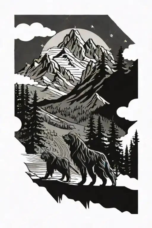 Sasquatch and mountains camping with dog  tattoo design idea
