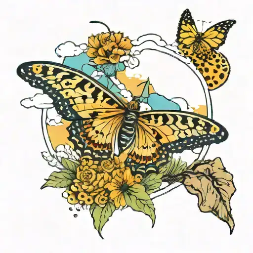 A new-school design of a colorful butterfly flying over a mountain landscape with a gym in the background, surrounded by leopard print patterns tattoo design idea