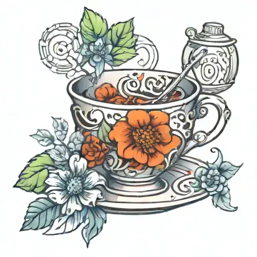 A tattoo design of a tea cup with a DNA double helix handle, surrounded by English tea leaves and flowers, in the style of new-school tattoo design idea