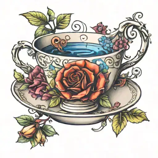 A tattoo design of a tea cup with a DNA double helix handle, surrounded by English tea leaves and flowers, in the style of new-school tattoo design idea