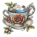 A tattoo design of a tea cup with a DNA double helix handle, surrounded by English tea leaves and flowers, in the style of new-school tattoo design idea