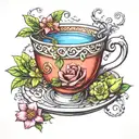 A tattoo design of a tea cup with a DNA double helix handle, surrounded by English tea leaves and flowers, in the style of new-school tattoo design idea