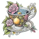 A tattoo design of a tea cup with a DNA double helix handle, surrounded by English tea leaves and flowers, in the style of new-school tattoo design idea