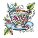 A tattoo design of a tea cup with a DNA double helix handle, surrounded by English tea leaves and flowers, in the style of new-school tattoo design idea