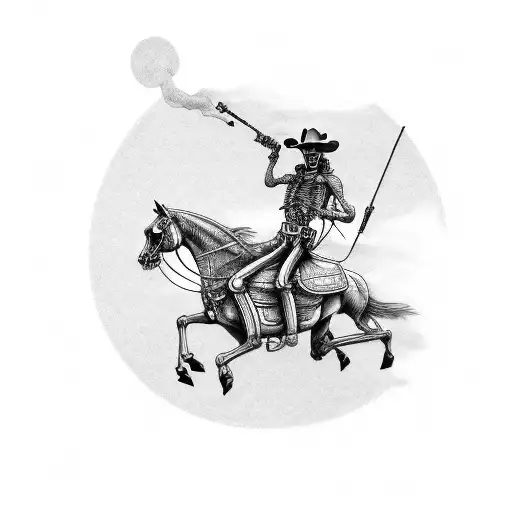Fine line tattoo skeleton cowboy smoking a cigarette riding a horse on its back legs  tattoo design idea