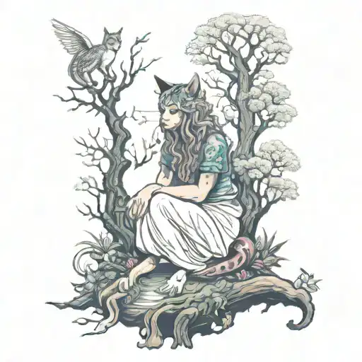 a druid, a river, a tree, a cat, an angel tattoo design idea