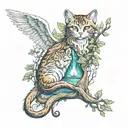 a druid, a river, a tree, a cat, an angel tattoo design idea