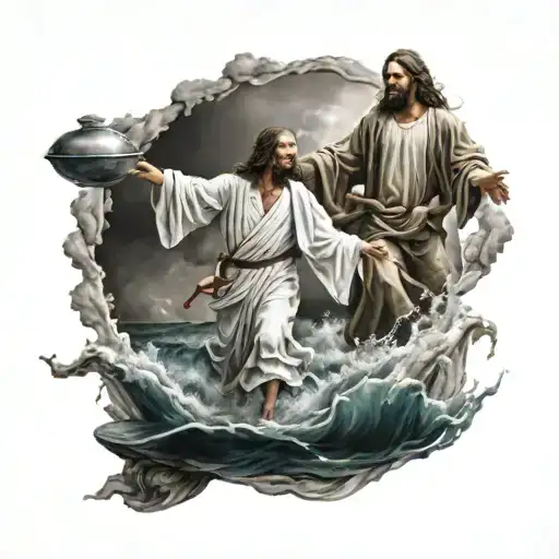 Jesus and Simon walking on water flowing in storm  tattoo design idea