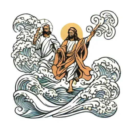 Jesus and Peter walking on water waves tattoo design idea