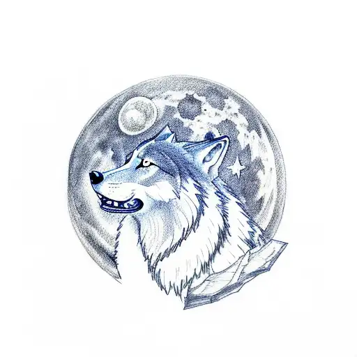 Wolf howling at the blue moon from a mountain tattoo design idea