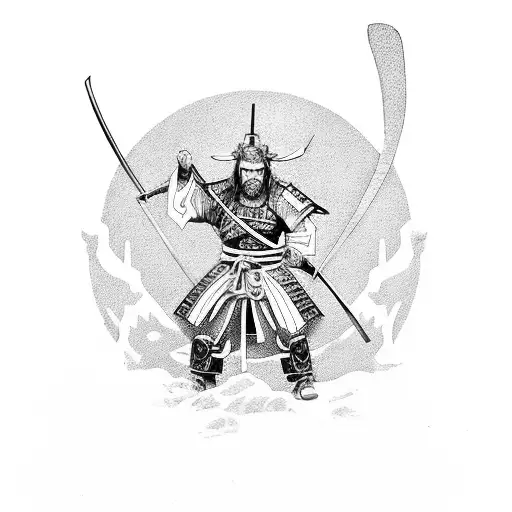 samurai japones en una montaña con la espada desenvainada junto a un lobo viendos la luna que refleja la ultima lagrima  tattoo design idea