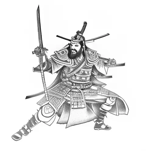 samurai japones con la espada desenvainada junto a un lobo viendos la luna, que refleja la ultima lagrima de lucifer  tattoo design idea