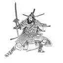 samurai japones con la espada desenvainada junto a un lobo viendos la luna, que refleja la ultima lagrima de lucifer  tattoo design idea